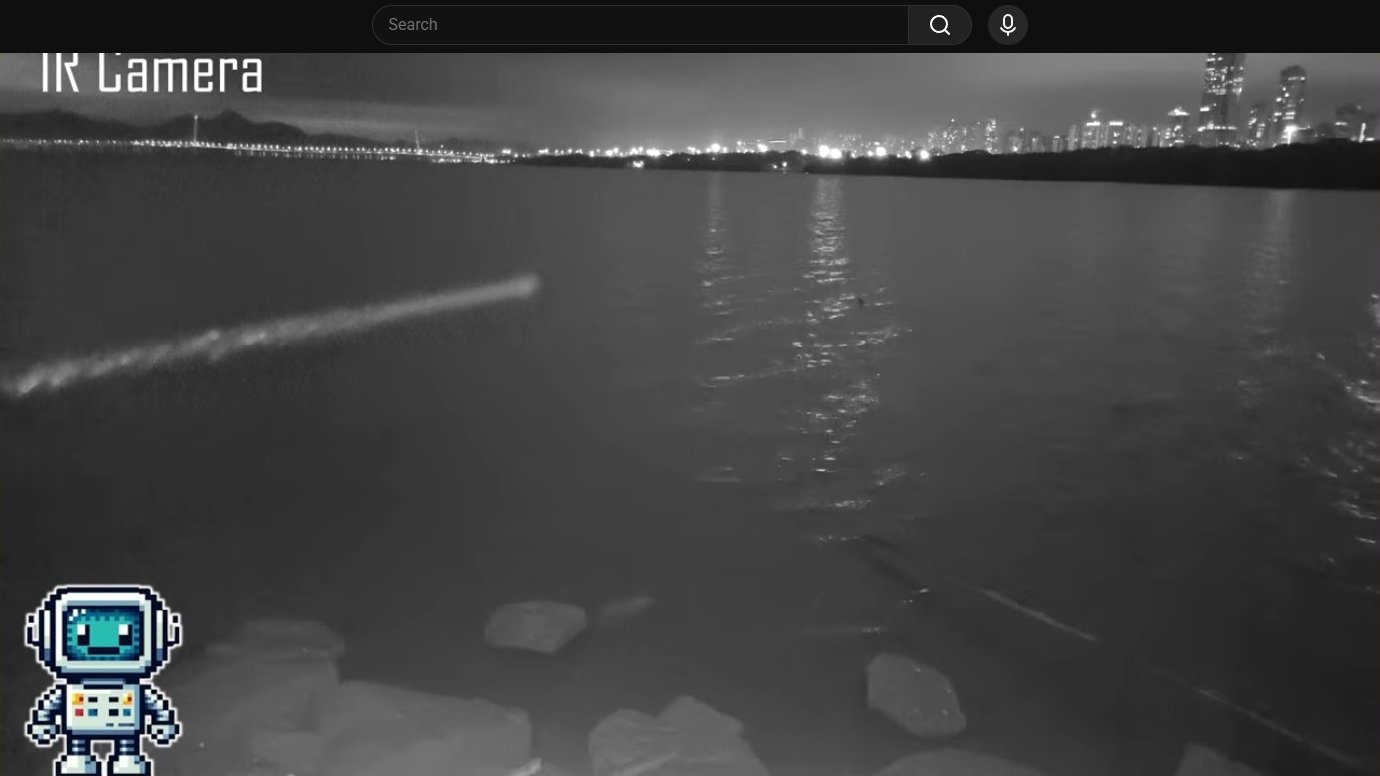 Infrared camera view of waterfront with bridge lights