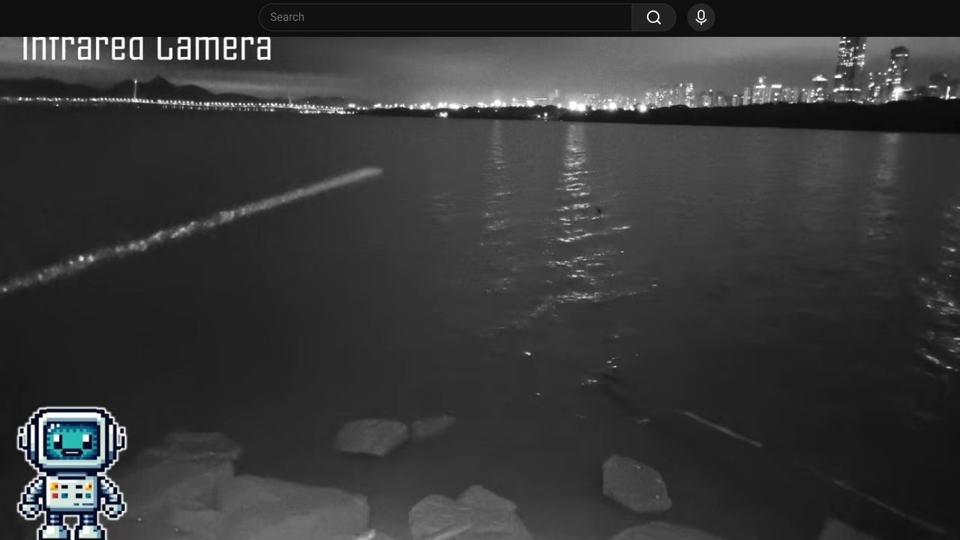Infrared camera view of waterfront cityscape at night