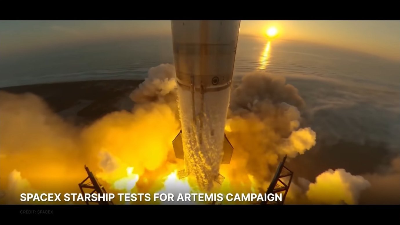 Graphic showing SpaceX Starship tests for Artemis campaign at sunset