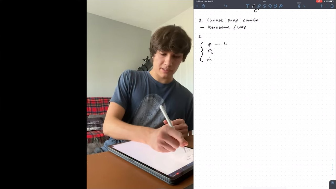Handwritten sizing workflow showing the step-by-step process: (1) choose propellant combination, (2) specify chamber pressure and thrust requirement, (3) use NASA CEA to find optimal O/F ratio, and (4) calculate throat area A* from the resulting gas properties and mass flow rate.