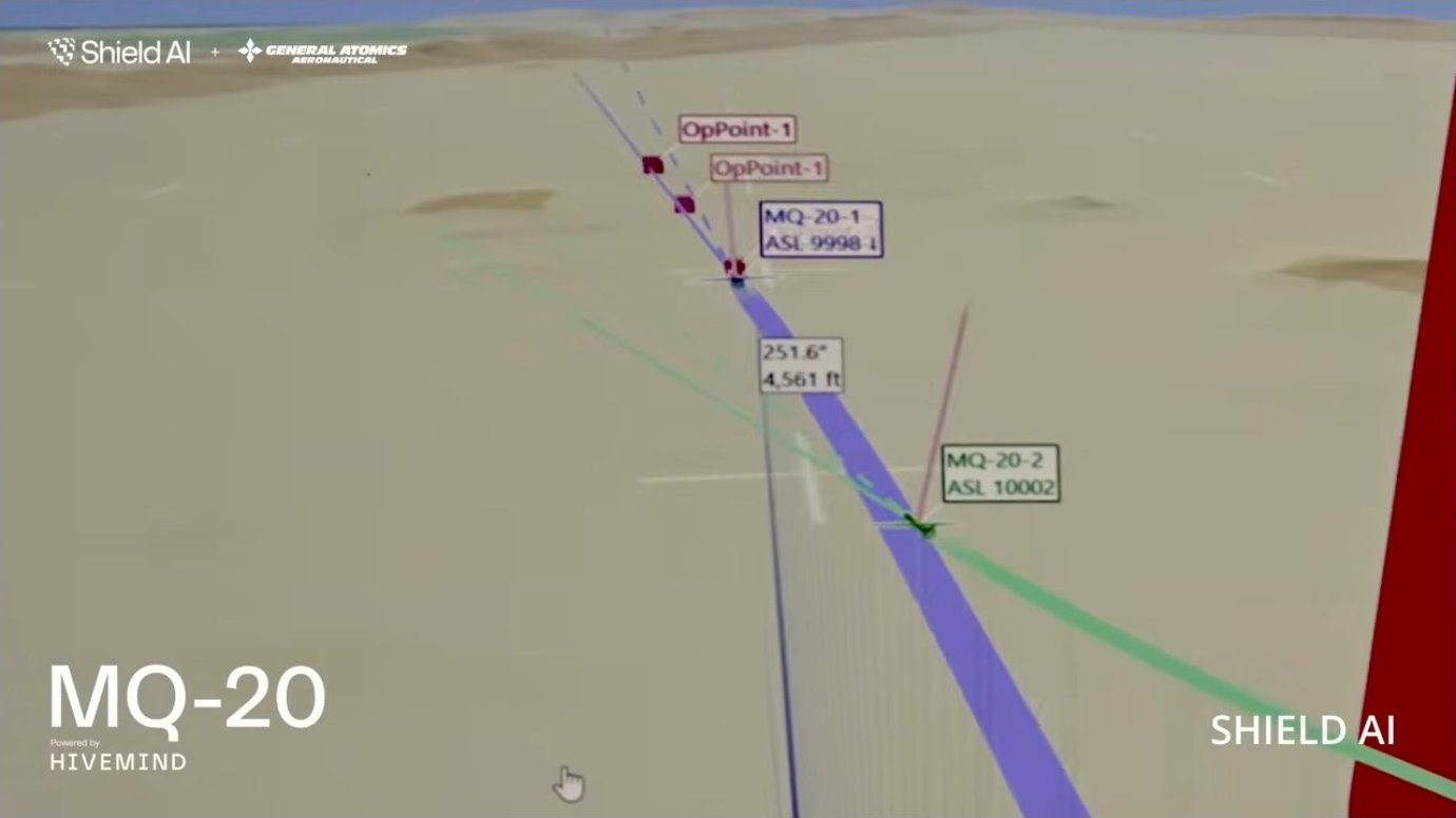 A mission planning interface displays waypoints and operational zones for two MQ-20 platforms at different altitudes. The precision routing visible here—measured in feet and degrees—must translate into autonomous navigation when jamming makes real-time adjustments impossible.