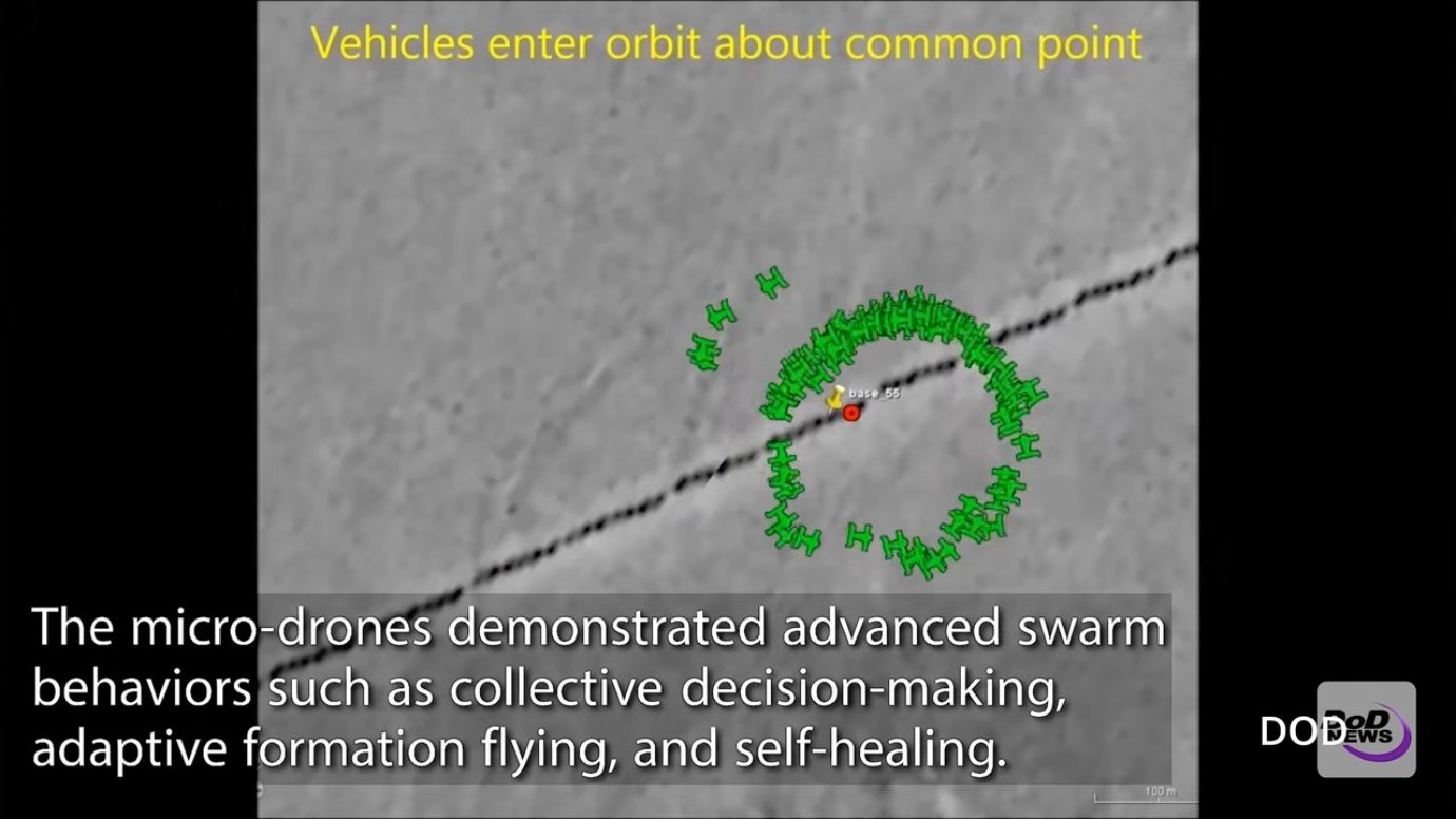 Satellite view showing autonomous vehicles entering orbit around a common reference point. The circular formation and synchronized movement demonstrate advanced coordination—each unit maintains position relative to others while pursuing the shared objective at the center.