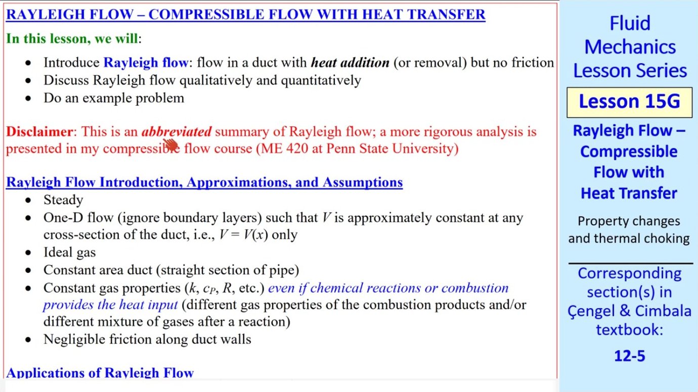The assumptions underpinning Rayleigh flow analysis include steady one-dimensional flow, an ideal gas with constant properties, constant duct area, and negligible wall friction—simplifications that enable analytical solutions while still capturing essential physics.