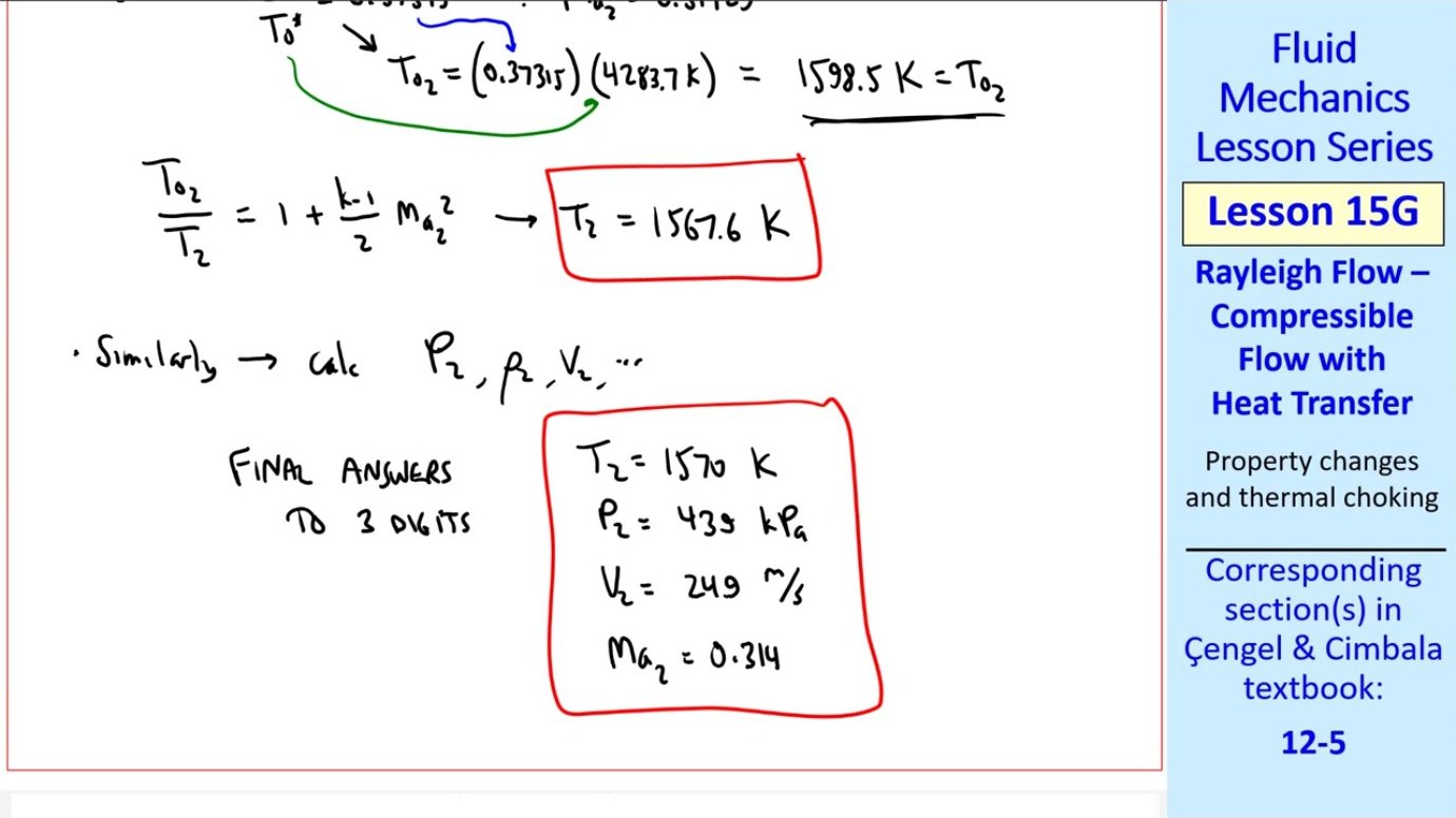 Final answers for the example problem: temperature rises significantly, pressure drops, velocity increases more than threefold, and Mach number climbs from 0.17 to 0.314—all consequences of substantial heat addition in Rayleigh flow.