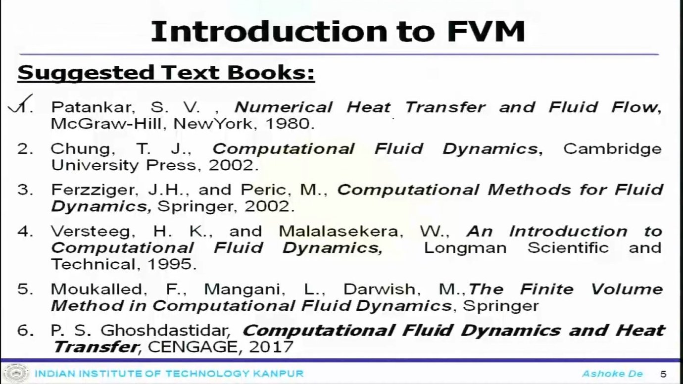 A curated set of reference texts supports the curriculum, with foundational works by Patankar and Ferziger providing comprehensive coverage of discretization theory and solution algorithms, while additional sources offer specialized perspectives on mesh generation, turbulence, and advanced techniques.