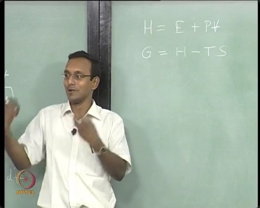 The definitions of enthalpy H = E + PV and Gibbs free energy G = H - TS appear together, showing how thermodynamic potentials build upon each other for different analysis contexts.