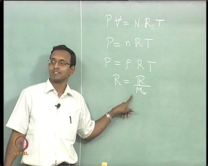 The ideal gas equation appears in multiple equivalent forms, including the mass-based version P = ρRT where R is the specific gas constant, demonstrating the relationship between universal and gas-specific formulations.