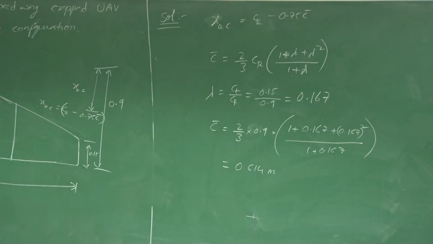 Numerical calculations on the board show the step-by-step process of finding the aerodynamic center location for a cropped delta UAV with specified root chord, tip chord, and span dimensions.