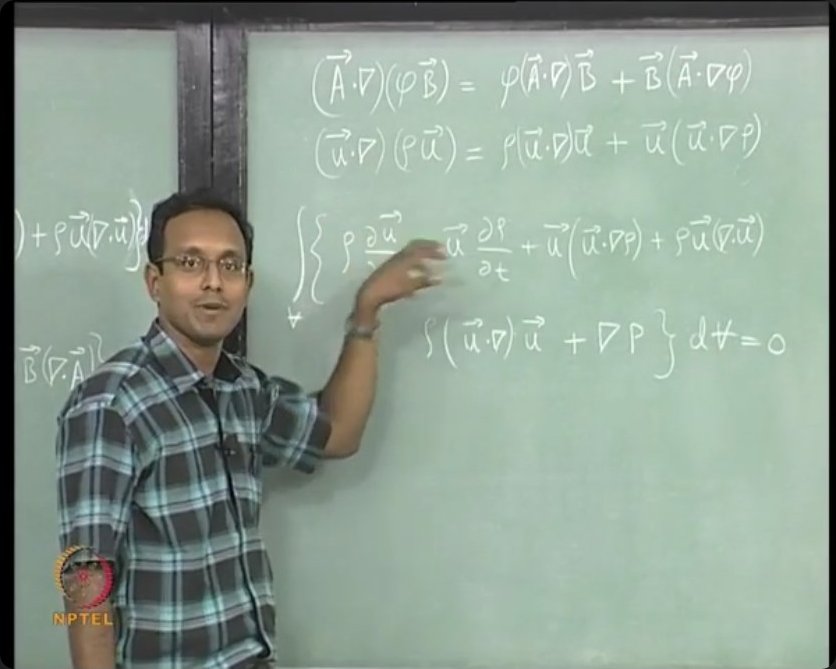 The final differential momentum equation on the board, showing time derivatives, advection terms, and the pressure gradient—valid for compressible flows.