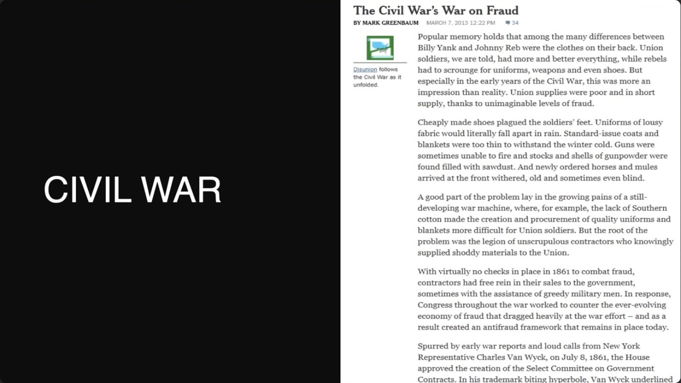 Civil War procurement fraud encompassed everything from non-existent goods to deliberate quality failures, with contractors exploiting gaps in the decentralised emergency procurement system.