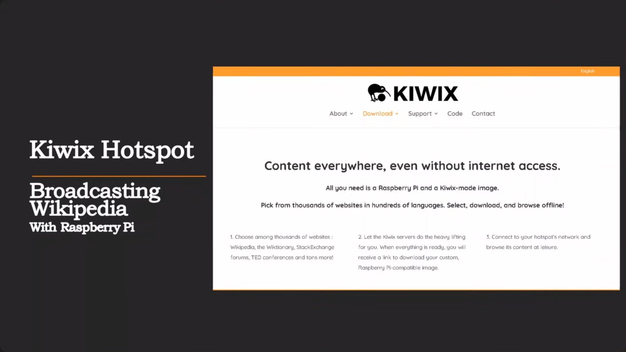 The Kiwix interface demonstrating how the complete Wikipedia encyclopedia and numerous other reference works can be browsed locally without any internet connection, using just a Raspberry Pi and web browser.