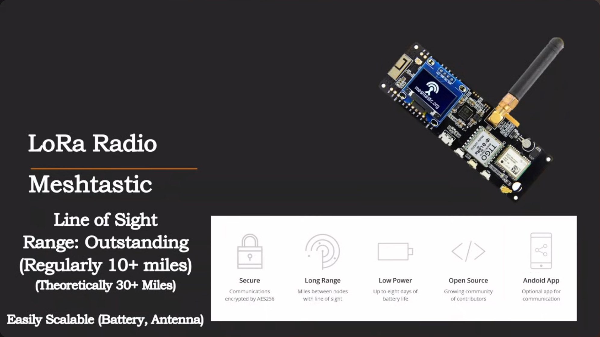 Specifications highlighting LoRa mesh capabilities including encryption, extended range through line-of-sight propagation, minimal power consumption enabling week-long battery life, open-source development, and smartphone integration.