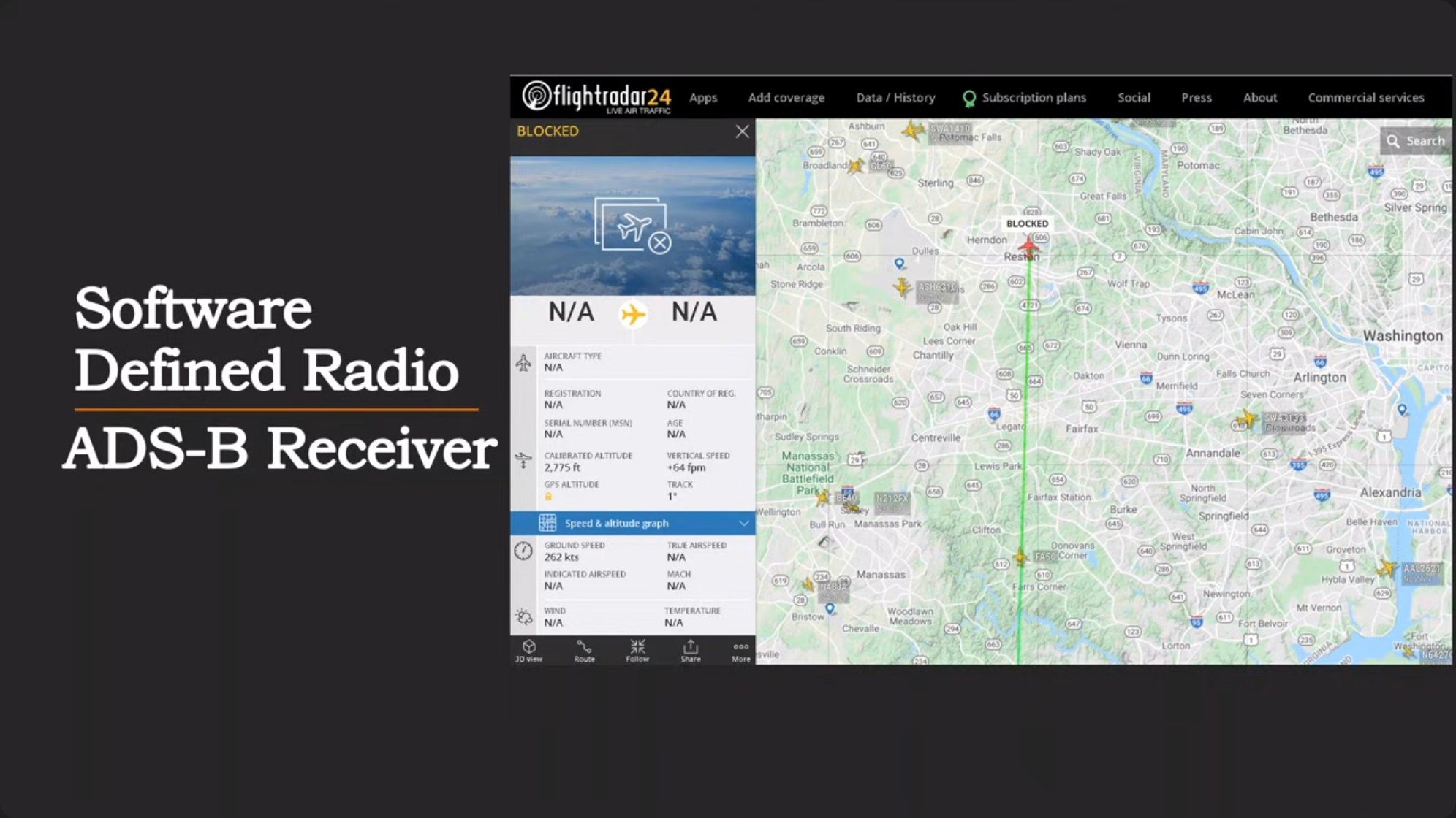 A software-defined radio configured as an ADS-B receiver displaying aircraft positions on a local map interface, providing aviation situational awareness independent of internet connectivity or commercial services.