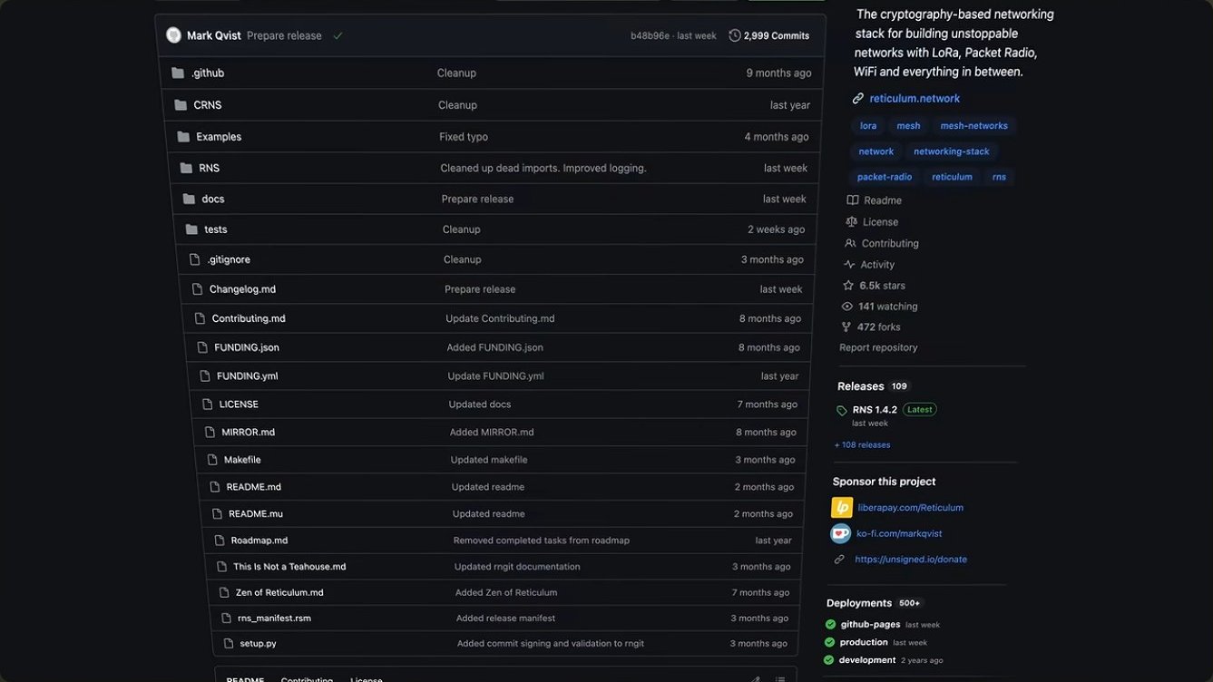 The Reticulum (RNS) source repository — the cryptography-based stack for building unstoppable networks.