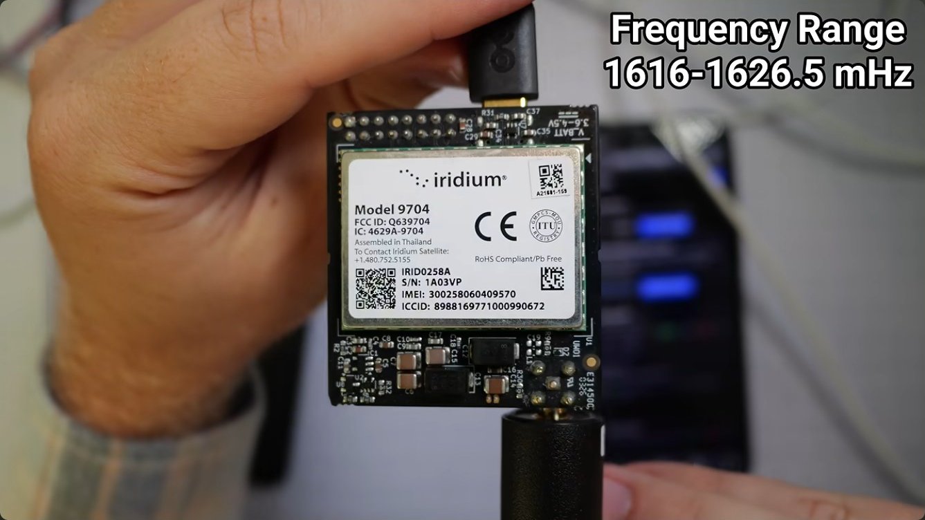 The Iridium 9704 module label, with its L-band frequency range called out on screen.