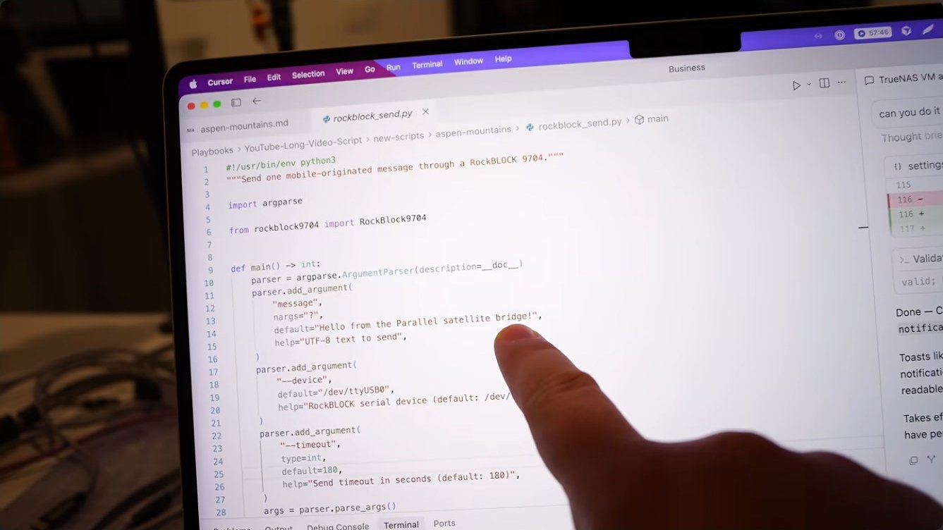 A Python send script for the RockBLOCK, edited over SSH to the Pi.